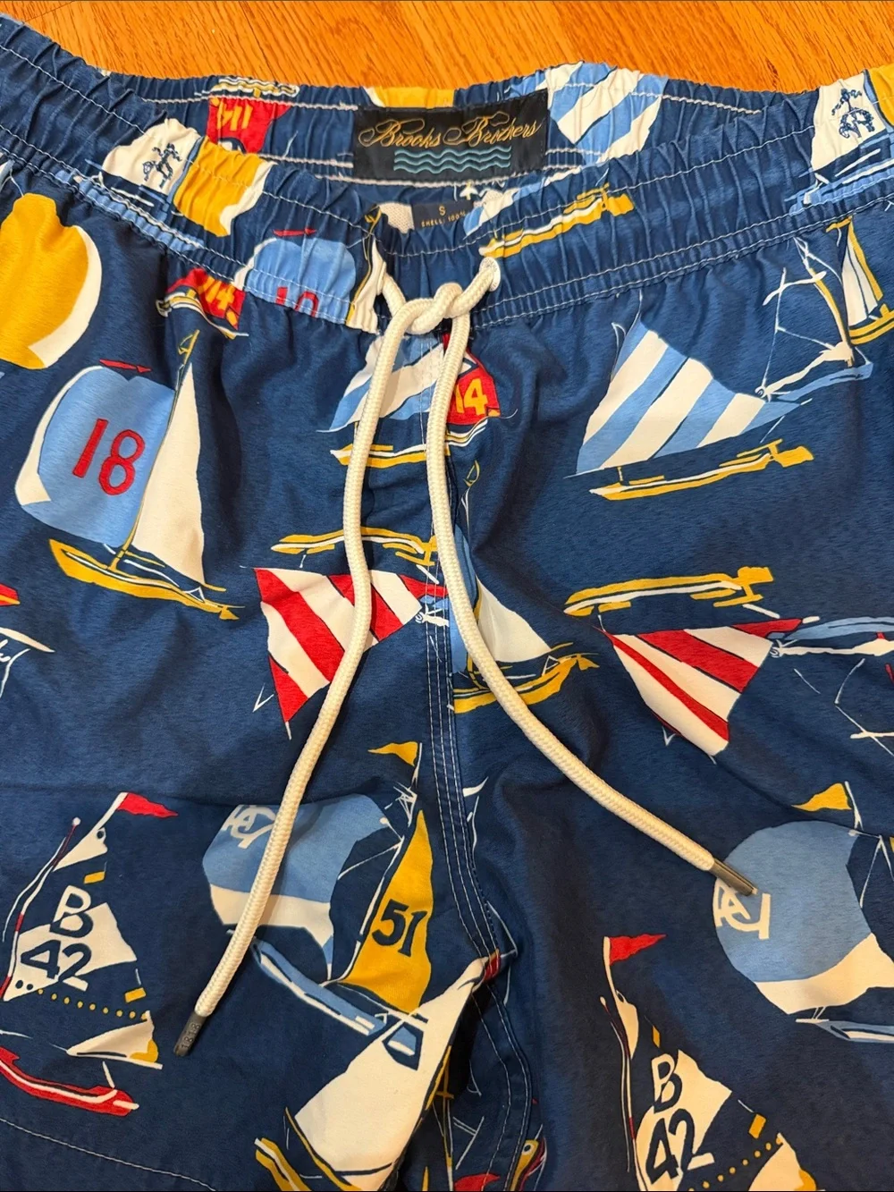 Brooks Brothers Navy Sailboat Print Swim Shorts with Red, Yellow & White Accents
